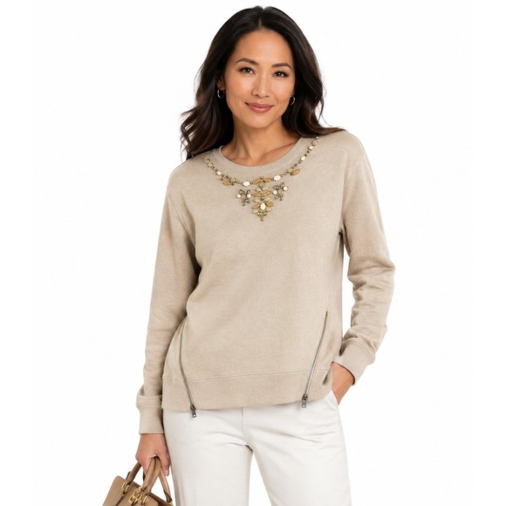 Ann Taylor Beaded Jewel Neck Sweatshirt Beige Cotton Side Zip M Lagenlook 59-07
